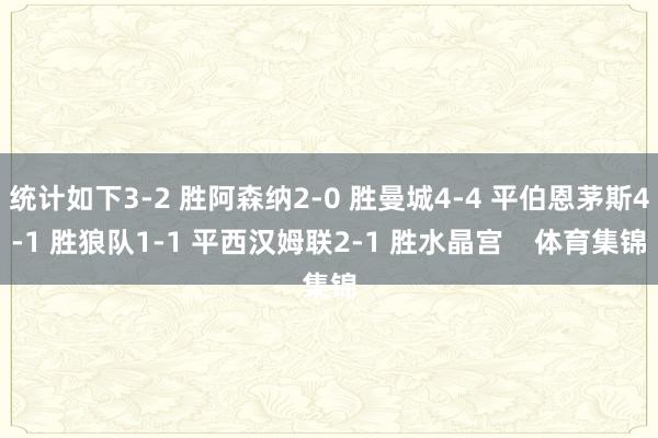 统计如下3-2 胜阿森纳2-0 胜曼城4-4 平伯恩茅斯4-1 胜狼队1-1 平西汉姆联2-1 胜水晶宫    体育集锦
